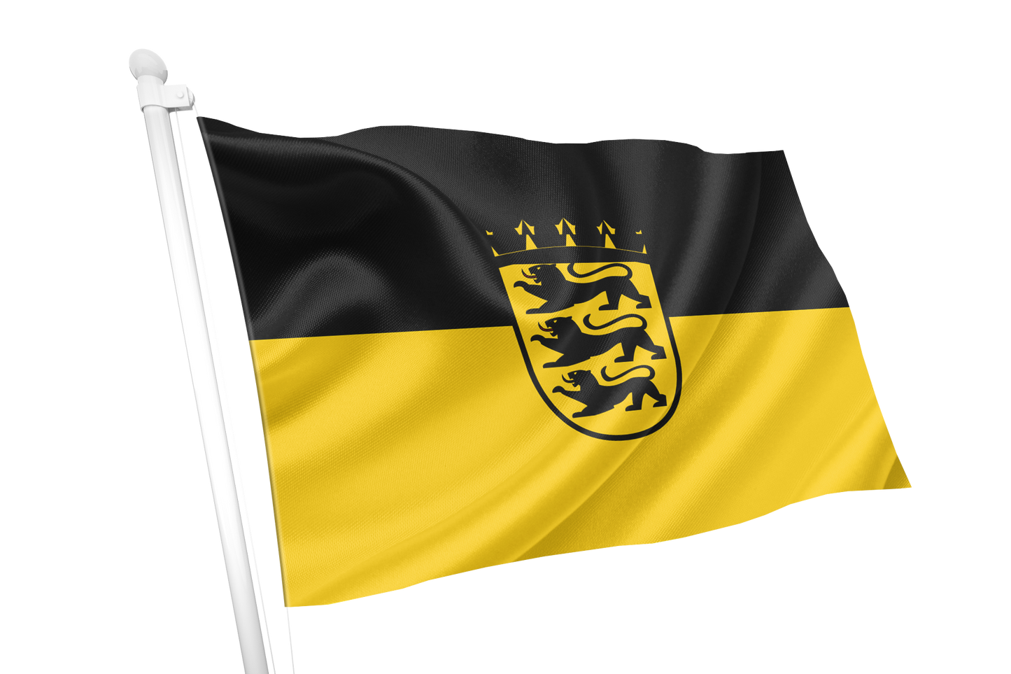 Baden-Württemberg Lesser Coat of Arms Flag. A black and yellow flag with a central black shield containing a yellow lion rampant and a small crown, attached to a white flagpole on a plain white background.