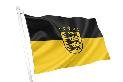 Baden-Württemberg Lesser Coat of Arms Flag. A black and yellow flag with a central black shield containing a yellow lion rampant and a small crown, attached to a white flagpole on a plain white background.