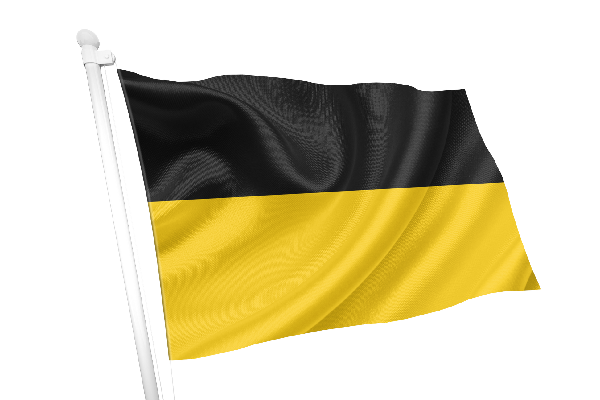 The flag of Baden-Württemberg. A black and yellow horizontal bicolor flag waving on a white flagpole against a plain white background.