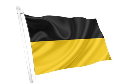 The flag of Baden-Württemberg. A black and yellow horizontal bicolor flag waving on a white flagpole against a plain white background.