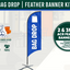 Promotional image of a feather banner kit with branding and product details.