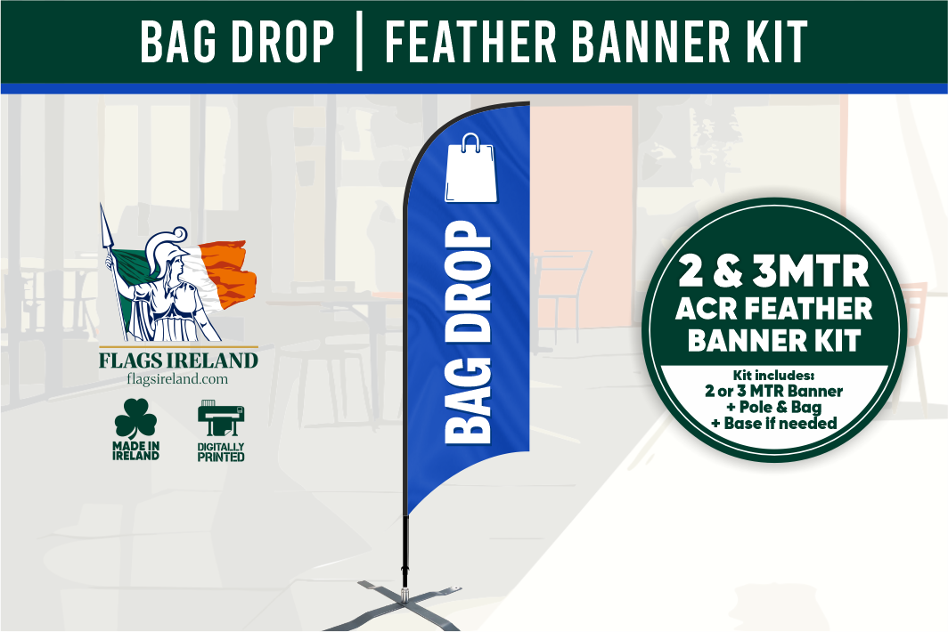Promotional image of a feather banner kit with branding and product details.