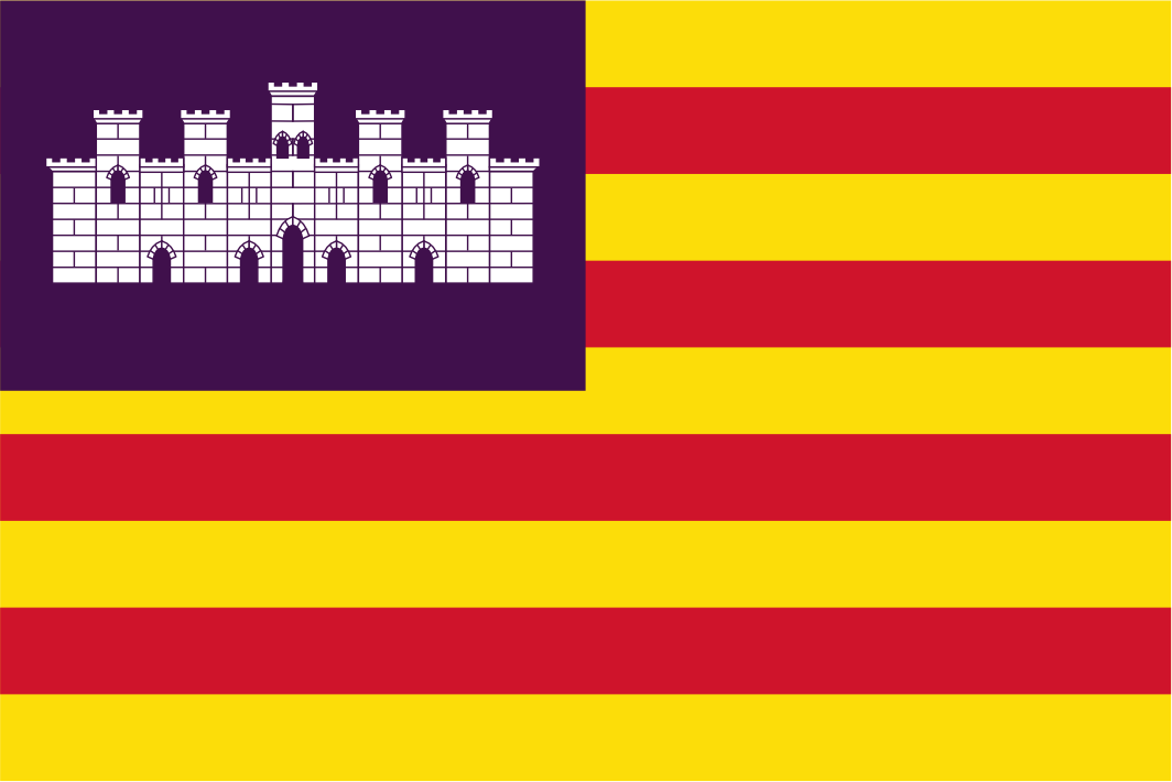 Flag with a purple and yellow design featuring a castle emblem.
