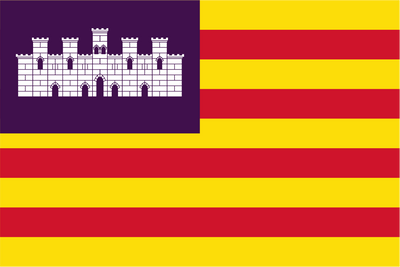 Flag with a purple and yellow design featuring a castle emblem.
