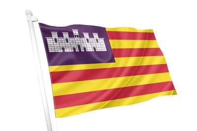 Flag with purple and yellow stripes and a white emblem on a white background. Balearic Islands Flag