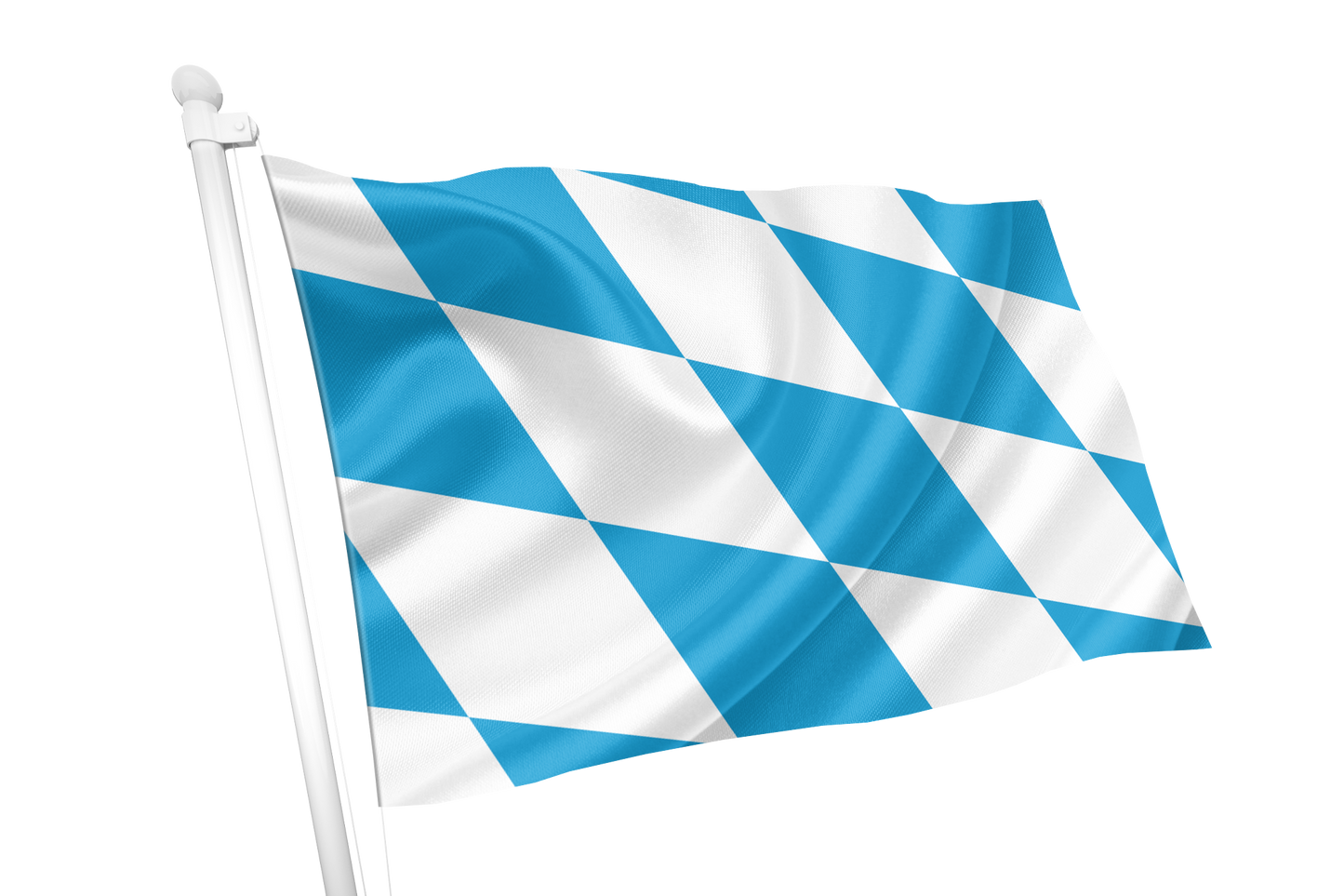 A blue and white diamond-patterned flag attached to a white flagpole, shown waving against a plain white background. Bavaria (Lozengy) Flag.