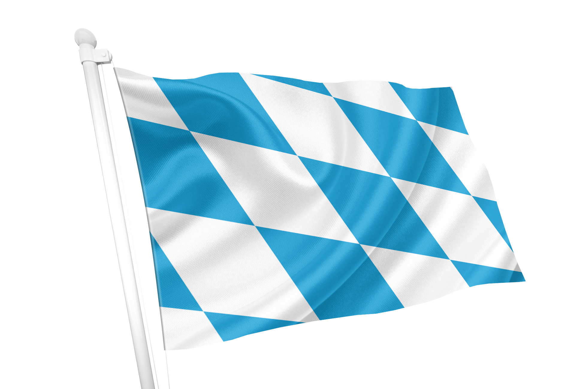 A blue and white diamond-patterned flag attached to a white flagpole, shown waving against a plain white background. Bavaria (Lozengy) Flag.
