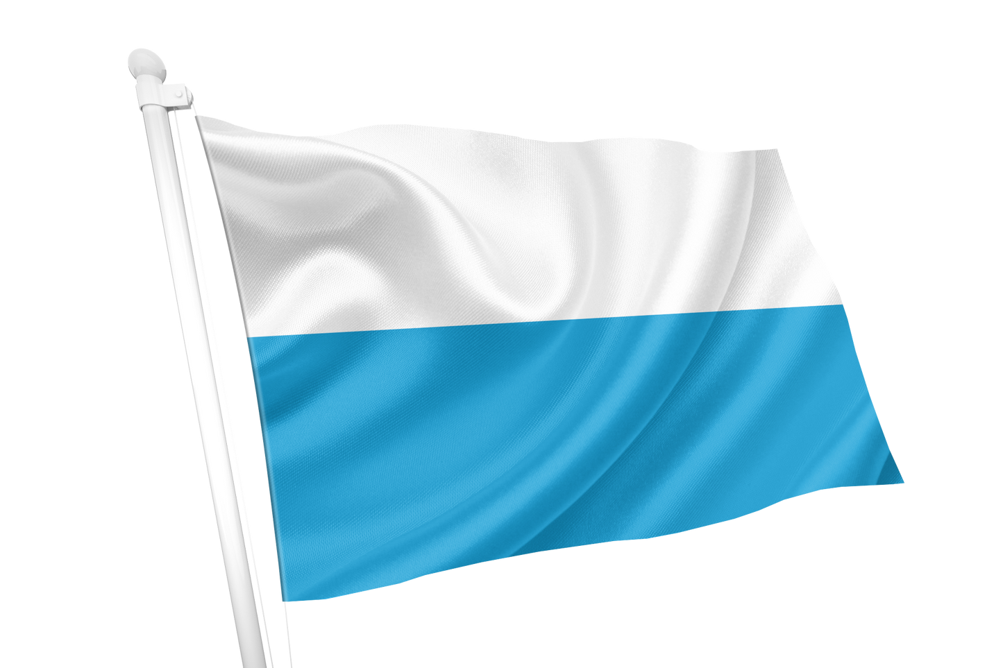 Bavaria Striped Flag. A two-color flag with horizontal white on top and light blue on bottom, attached to a white flagpole and shown waving against a plain white background.