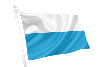 Bavaria Striped Flag. A two-color flag with horizontal white on top and light blue on bottom, attached to a white flagpole and shown waving against a plain white background.