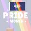 Pride month flag with rainbow design and text on a light gray background. Be Yourself Pride Month