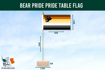 Bear Pride Pride table flag with dimensions on a blue background