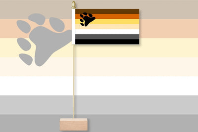 Bear Pride Flag with paw print design on a striped background