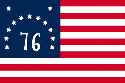 Bennington 1776 Betsy Ross style American flag graphic with 13 white stars in a circle around the number 76 on a dark blue canton, and red and white horizontal stripes.
