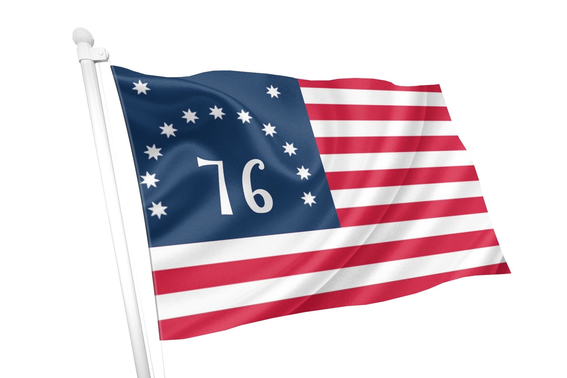 A 1776-style American flag with 13 white stars in a blue canton and alternating red and white stripes, shown waving on a white flagpole against a plain white background.