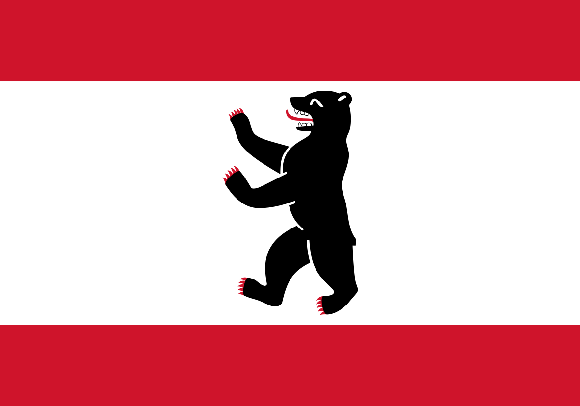 Berlin Flag design with horizontal red-white-red stripes and a black bear silhouette centered in the white band.