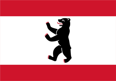 Berlin Flag design with horizontal red-white-red stripes and a black bear silhouette centered in the white band.