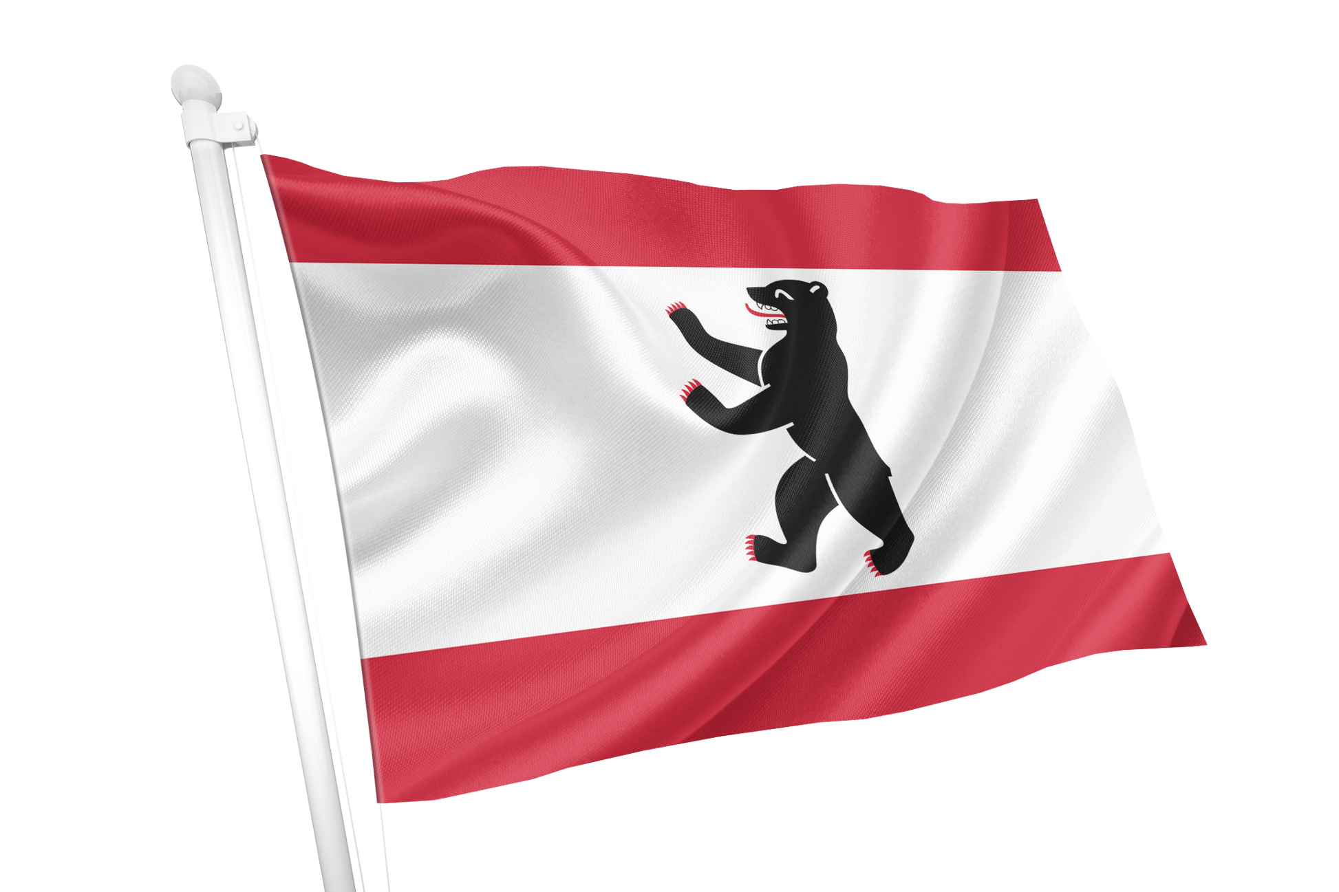 Berlin Flag design with horizontal red-white-red stripes and a black bear silhouette centered in the white band.