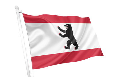 Berlin Flag design with horizontal red-white-red stripes and a black bear silhouette centered in the white band.
