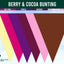 Color swatch of berry and cocoa triangle bunting with cream, hot pink, purple, marron, baby pink and brown colours.