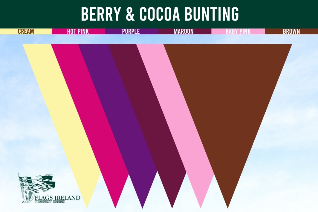Color swatch of berry and cocoa triangle bunting with cream, hot pink, purple, marron, baby pink and brown colours.