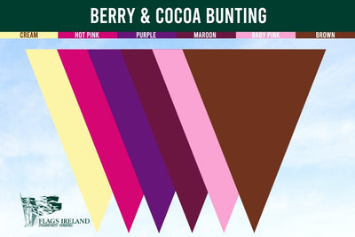 Color swatch of berry and cocoa triangle bunting with cream, hot pink, purple, marron, baby pink and brown colours.
