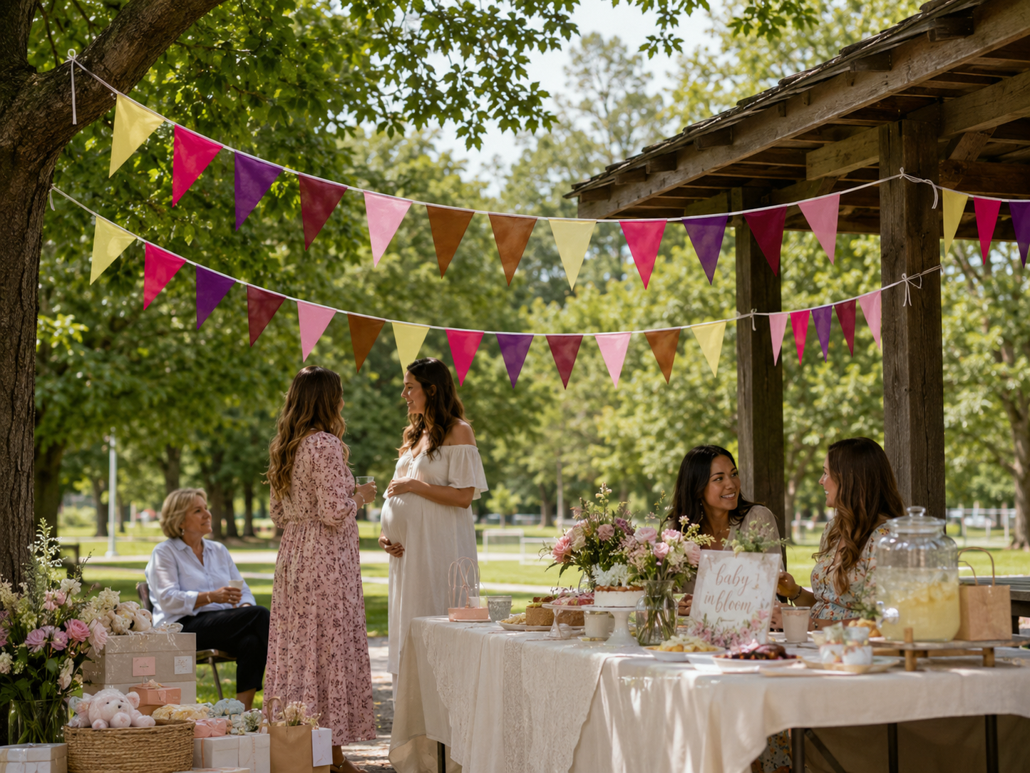 Group of women gathered around a table with decorations under a wooden shelter with colorful triangle bunting flags. Baby shower decoration.