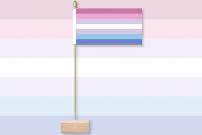 Bigender pride flag on a stand against a pastel background