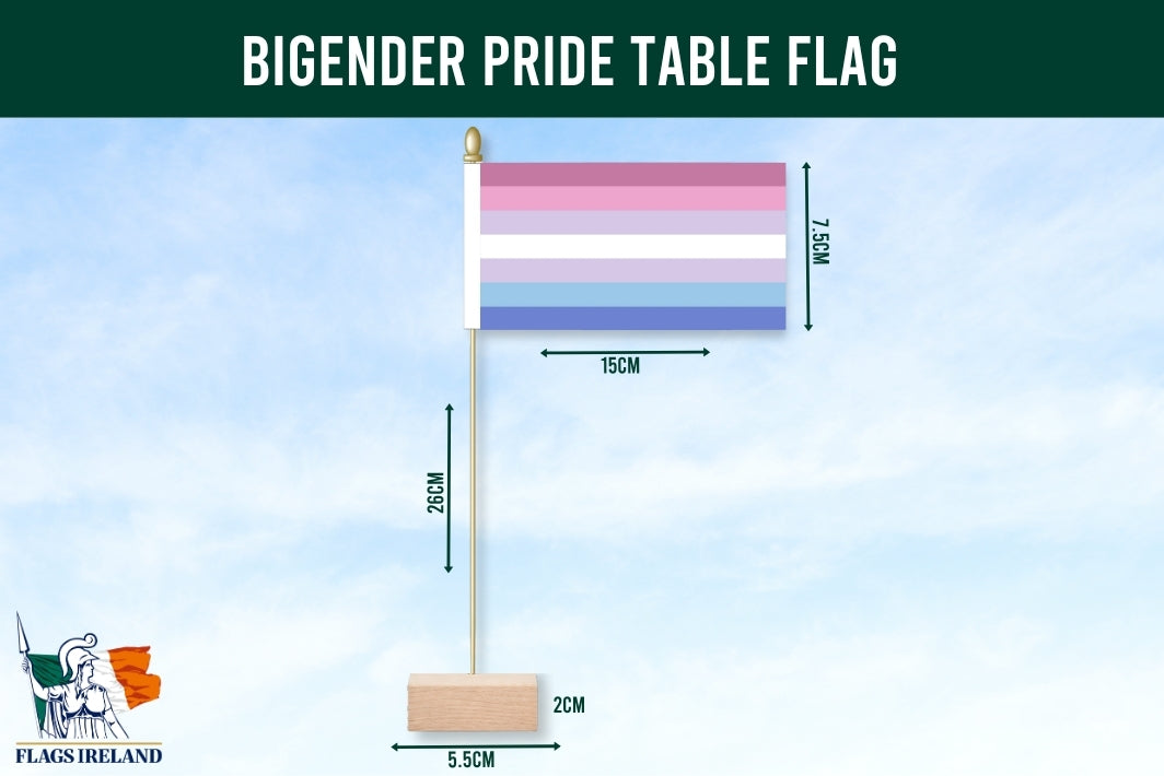 Bigender pride table flag with dimensions on a blue background