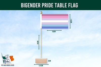 Bigender pride table flag with dimensions on a blue background