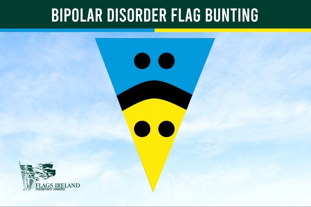 Bipolar Disorder Flag Bunting with blue, black, and yellow colors on a clear sky background.