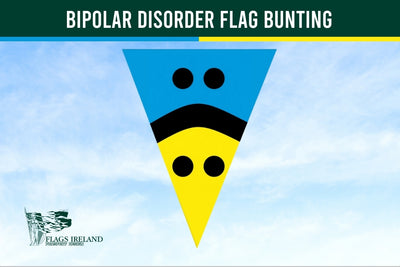 Bipolar Disorder Flag Bunting with blue, black, and yellow colors on a clear sky background.