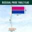 Bisexual pride table flag with dimensions on a blue background