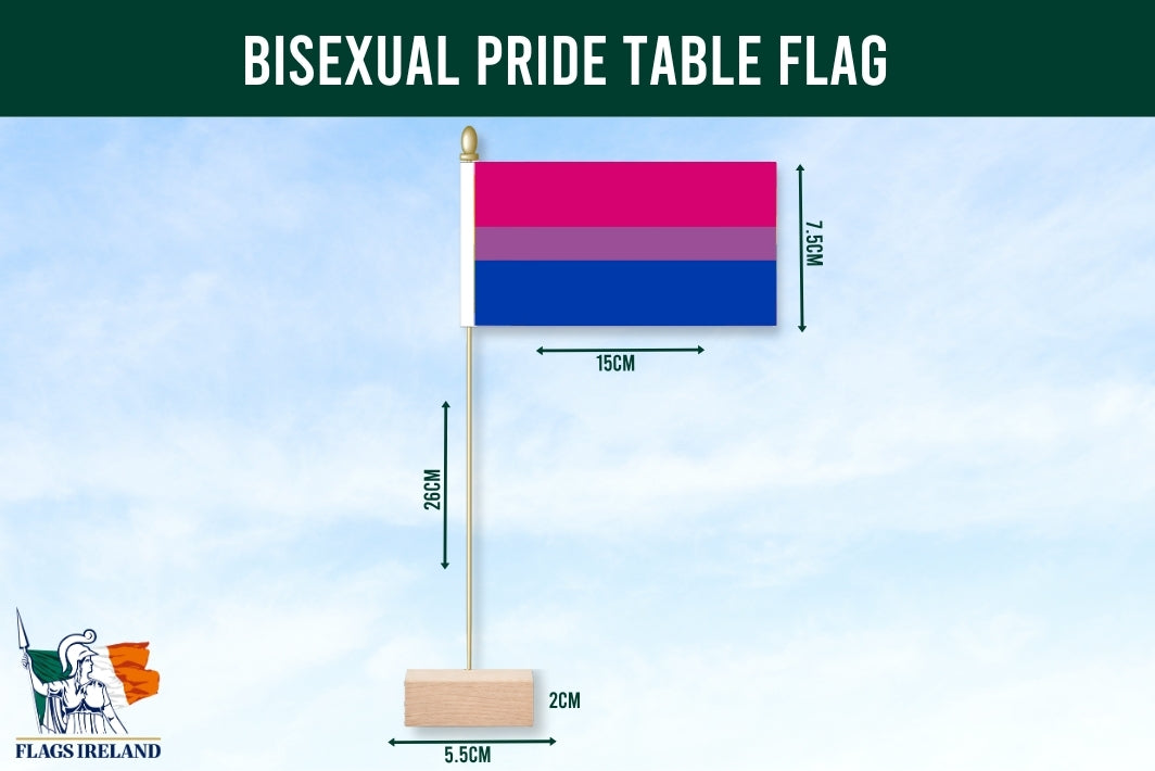 Bisexual pride table flag with dimensions on a blue background