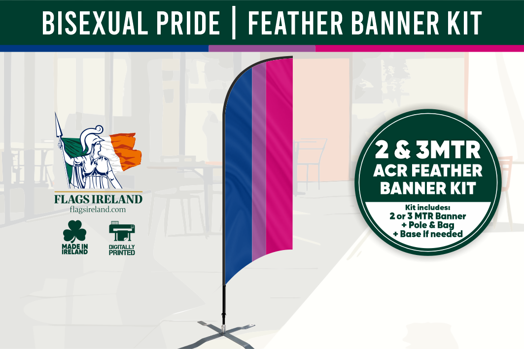 Bisexual pride feather banner kit with branding and product details.