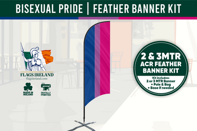 Bisexual pride feather banner kit with branding and product details.