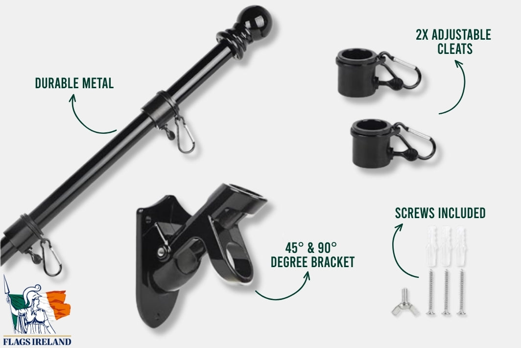 Black metal flagpole kit with adjustable mounting cleats, a 45° and 90° degree bracket, and included screws, shown with text callouts on a light gray background.