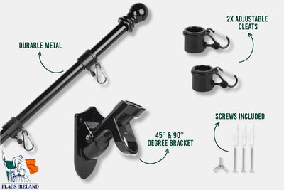 Black metal flagpole kit with adjustable mounting cleats, a 45° and 90° degree bracket, and included screws, shown with text callouts on a light gray background.