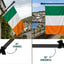 Ireland flag wall-mounted outdoor pole kit shown in a split view: top half shows the flag hanging on a building exterior with a coastal street background, bottom half shows close-up mounting hardware with text indicating upward 45-degree and horizontal 90-degree installation options.