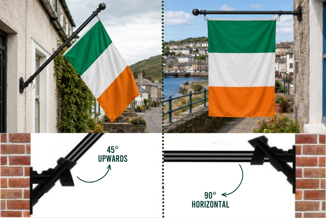 Ireland flag wall-mounted outdoor pole kit shown in a split view: top half shows the flag hanging on a building exterior with a coastal street background, bottom half shows close-up mounting hardware with text indicating upward 45-degree and horizontal 90-degree installation options.