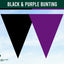 A graphic showing two large inverted triangles side by side, one black and one purple, with the text 'BLACK & PURPLE BUNTING' at the top and a small 'Flags Ireland' logo at the bottom left on a pale blue cloudy background.