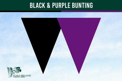 A graphic showing two large inverted triangles side by side, one black and one purple, with the text 'BLACK & PURPLE BUNTING' at the top and a small 'Flags Ireland' logo at the bottom left on a pale blue cloudy background.