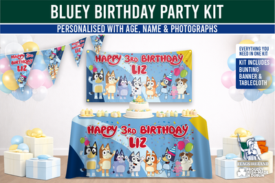 Bluey Birthday Party Kit – Personalised Banner, Tablecloth & Bunting