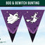 Halloween bunting banner with two triangular pennants. The left pennant is purple with a white ghost, stars, and silhouetted trees.