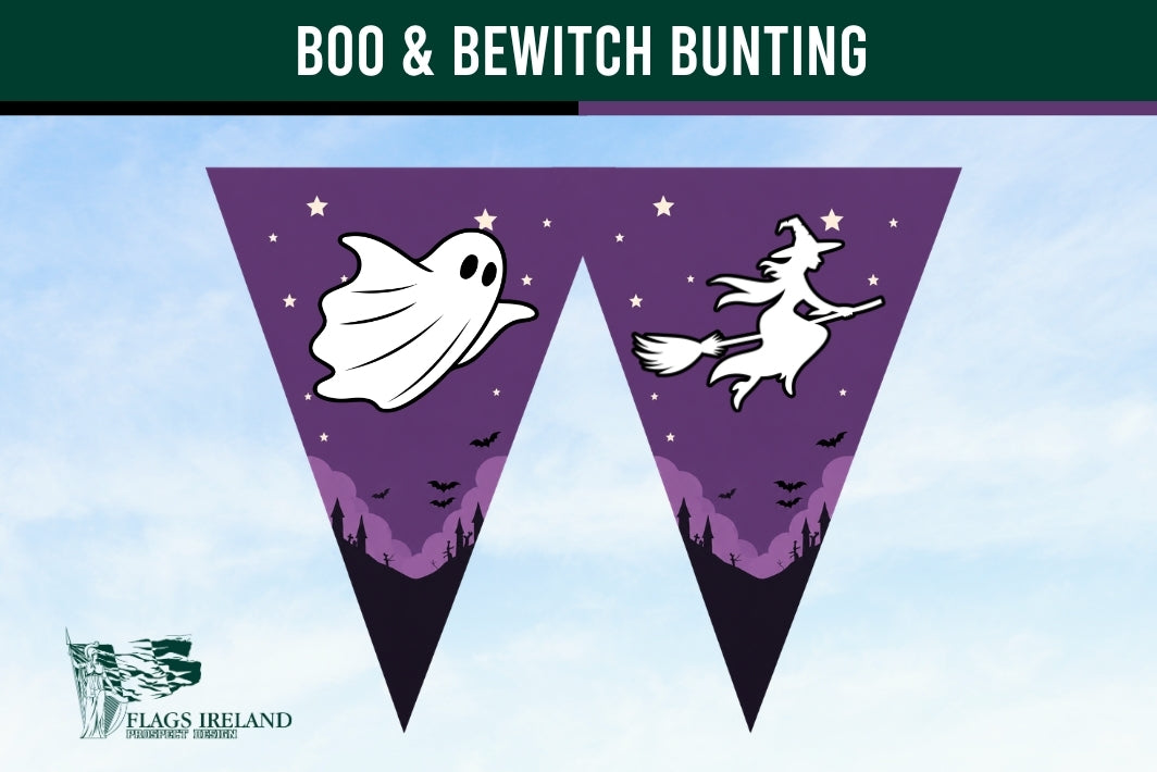 Halloween bunting banner with two triangular pennants. The left pennant is purple with a white ghost, stars, and silhouetted trees.