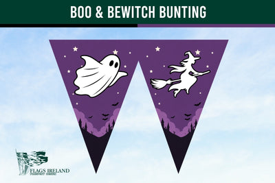 Halloween bunting banner with two triangular pennants. The left pennant is purple with a white ghost, stars, and silhouetted trees.