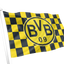 Borussia Dortmund Chequered Flag. A Borussia Dortmund flag with the classic yellow and black checkered pattern and the central black BVB 09 logo, shown waving on a white flagpole against a plain white background.