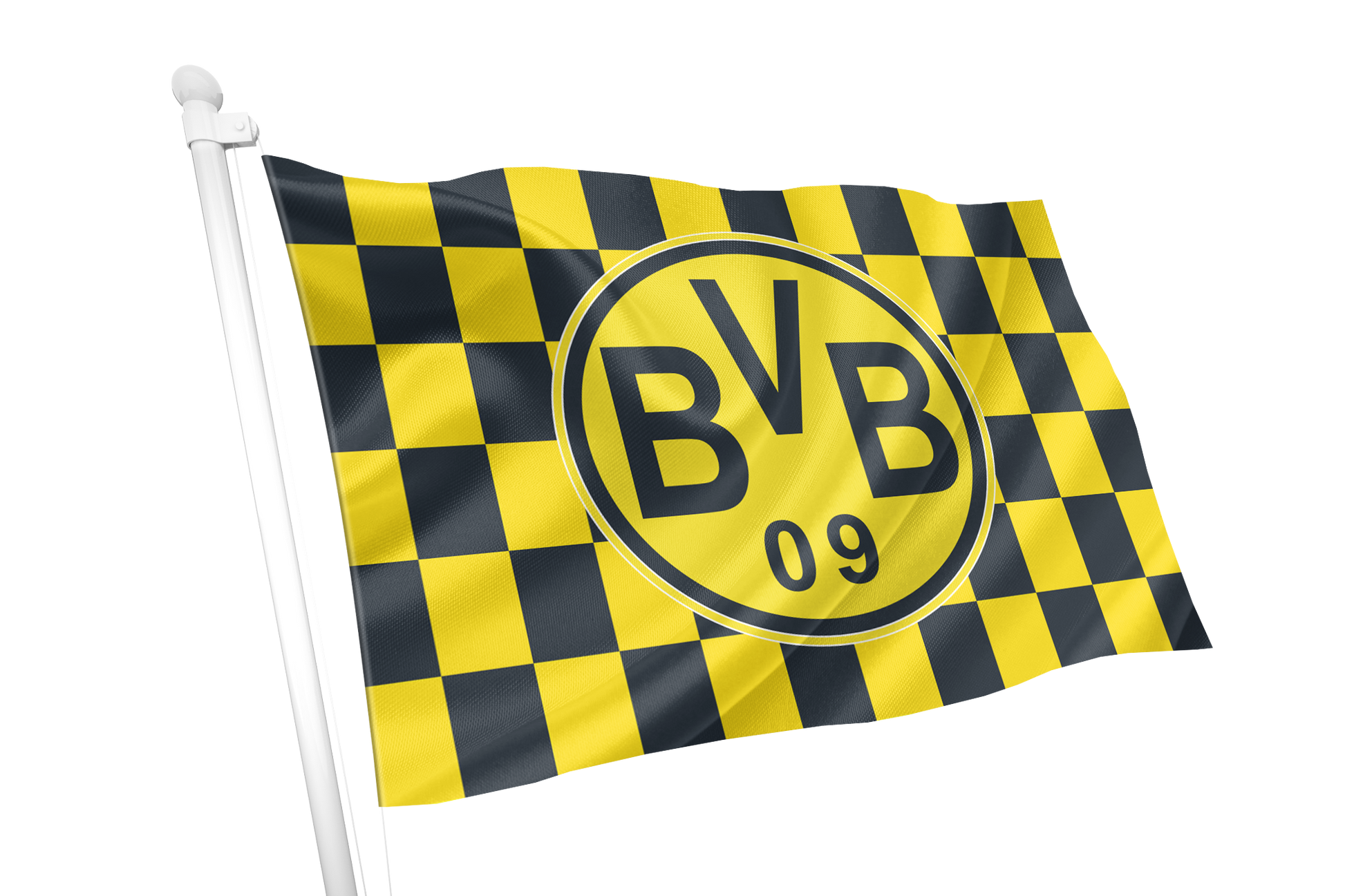 Borussia Dortmund Chequered Flag. A Borussia Dortmund flag with the classic yellow and black checkered pattern and the central black BVB 09 logo, shown waving on a white flagpole against a plain white background.