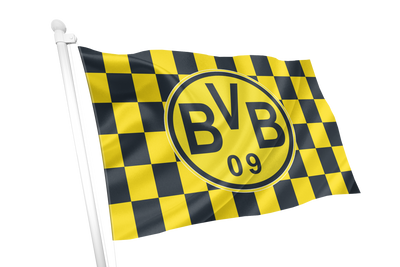 Borussia Dortmund Chequered Flag. A Borussia Dortmund flag with the classic yellow and black checkered pattern and the central black BVB 09 logo, shown waving on a white flagpole against a plain white background.