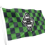 Borussia Monchengladbach Chequered Flag. A green and black checkered flag on a white pole, featuring a central diamond-shaped logo with a stylized letter B, isolated on a white background.