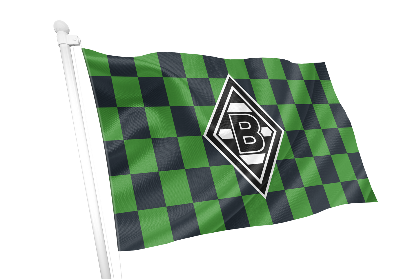 Borussia Monchengladbach Chequered Flag. A green and black checkered flag on a white pole, featuring a central diamond-shaped logo with a stylized letter B, isolated on a white background.